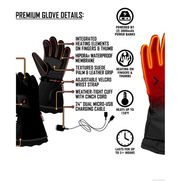 Action Heat 5 Volt Rechargeable Size Medium Men’s Premium Heated Gloves NWB $199 - Picture 7 of 14